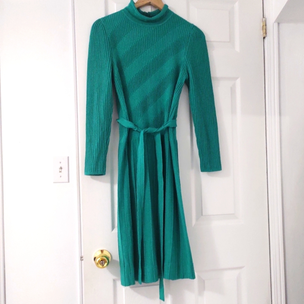 Vintage sweater dress - pleating, flare skirt, warm, fall winter dress
